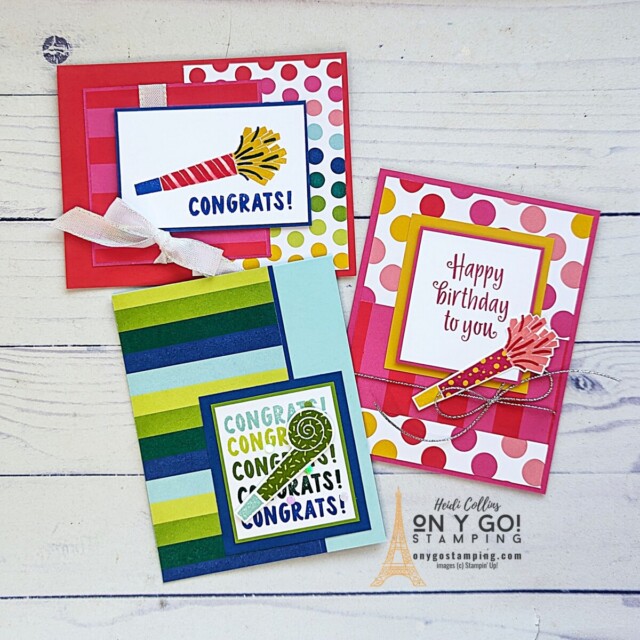 Three cards created by Klompen Stampers Team Members - Heidi Collins, uusing the year to celebrate stamp set.