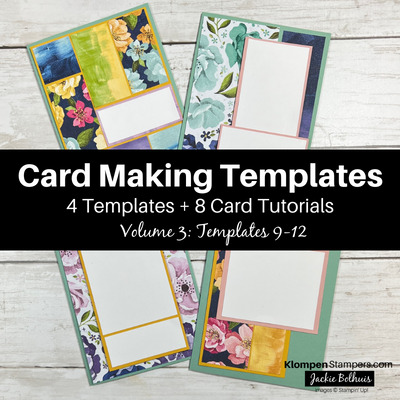 Four card sketches lying on a table with a graphic overlay reading "Card Making Templates, 4 Templates + 8 Card Tutorials, Volume 3: Templates 9-12"