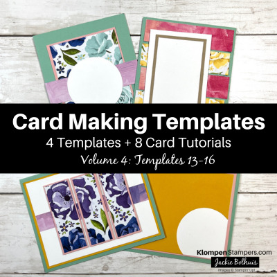 Four card sketches with a graphic overlay that reads "card making templates, 4 templates + 8 card tutorials, volume 4: templates 13-16"