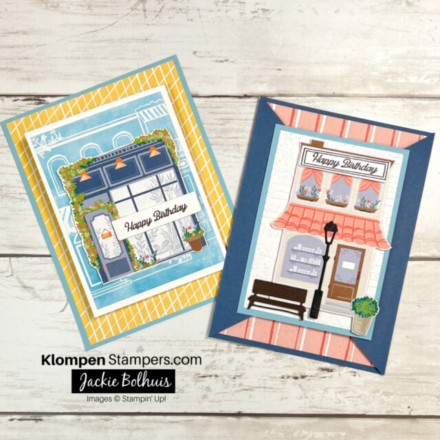Two greeting cards created with the Stampin' Up! Let's Go Shopping bundle.