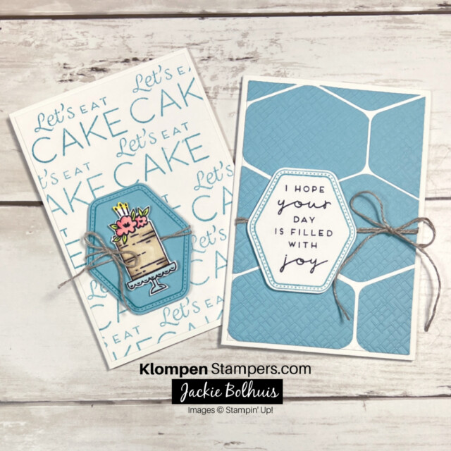 Two handamde cards designed with the Stampin' Up! stamp set Heartfelt Hexagon that are blue in color and perfect for wedding cards.