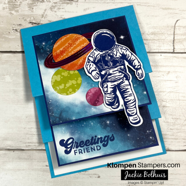 Front of a fun fold card designed with Stampin' Up! Stargazing Designer Series Paper and Reach for the Stars Bundle. 