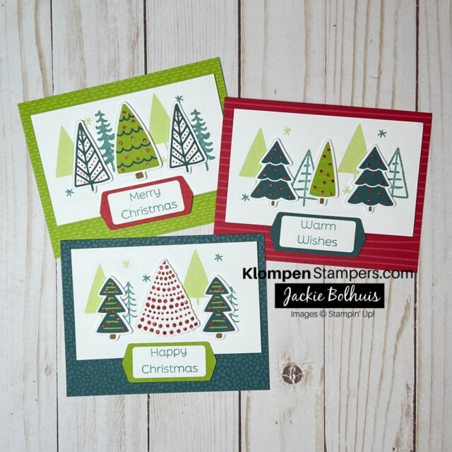Three handmade Christmas cards made using the Christmas Everywhere card kit.