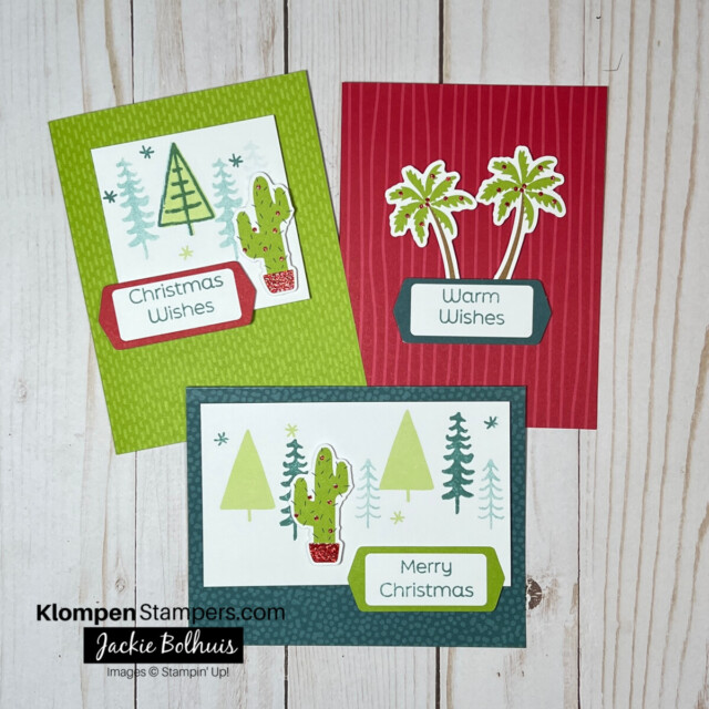 Three handmade Christmas cards designed with palm trees and cacti for fun holiday cards to send to friends and family in warm places.