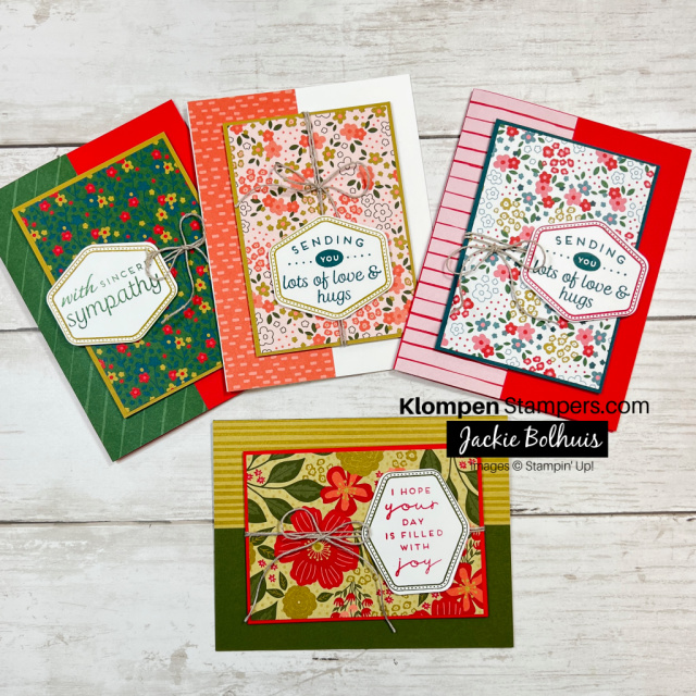 Four card examples for how to use card templates to make handmade cards designed with Stampin' Up! Garden Walk Designer Series Paper and the Heartfelt Hexagon Bundle.