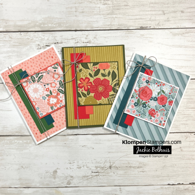 Three card examples for how to use card templates to make handmade cards designed with Stampin' Up! Garden Walk Designer Series Paper and the Heartfelt Hexagon Bundle.