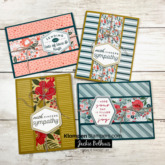 Four card examples for how to use card templates to make handmade cards designed with Stampin' Up! Garden Walk Designer Series Paper and the Heartfelt Hexagon Bundle.