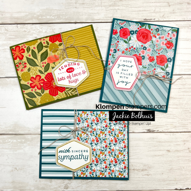 Three card examples for how to use card templates to make handmade cards designed with Stampin' Up! Garden Walk Designer Series Paper and the Heartfelt Hexagon Bundle.