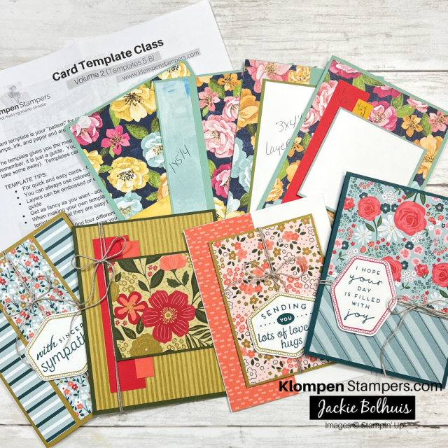 How to use card templates shown by four completed cards designed with designer series paper lying on top of the 4 card templates that were followed as a guide.