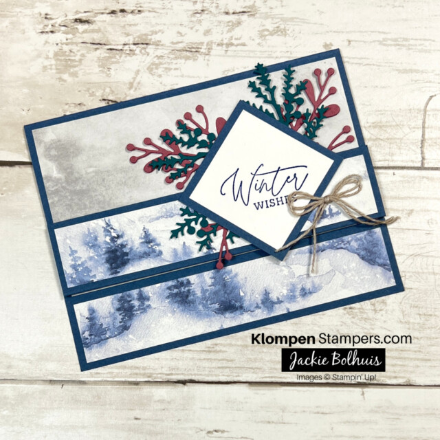 Front of a fun fold card that is designed with the Stampin' Up! products Winter Meadow DSP and Magical Meadow stamp set.