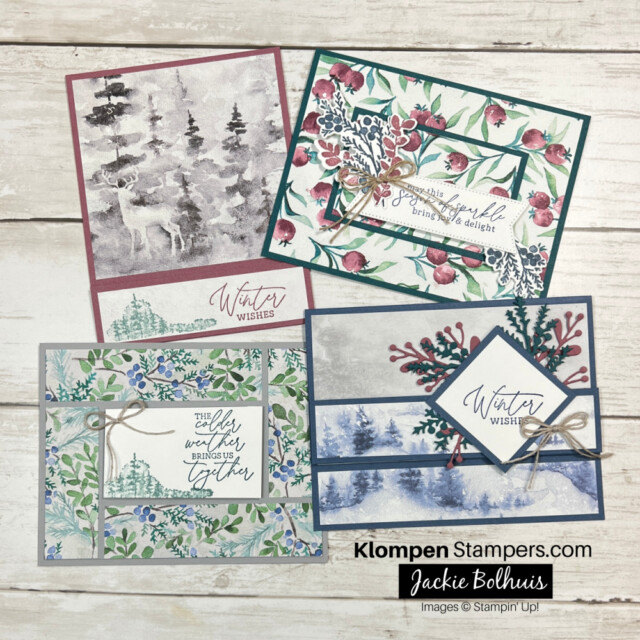 Four DIY winter card making ideas designed with Stampin' Up! Designer Series Paper Winter Meadow.