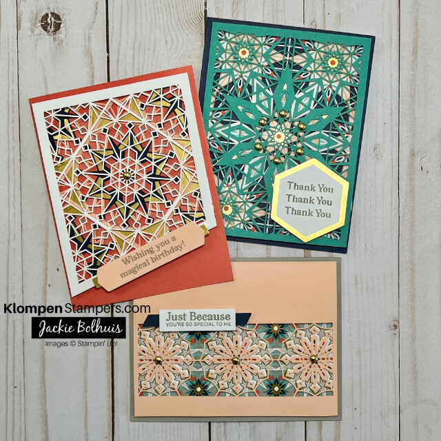 The three cards made in the Stampin' Up! card kit Colorful Kaleidoscope, an all occasion card set for beginners.