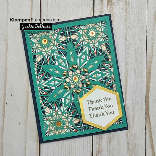 A handmade thank you card made in the Stampin' Up! card kit Colorful Kaleidoscope, an all occasion card set for beginners.