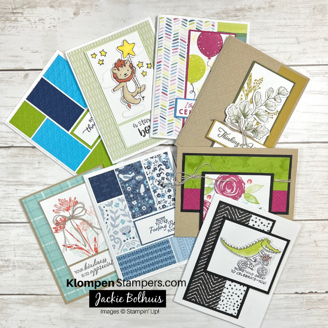 Eight creative card making ideas designed by following the card templates from Volume 3 of Klompen Stampers Card Making Template Series.