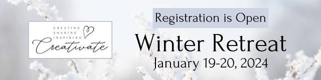 Graphic banner for the Creativate Winter Retreat 2024, on January 19-20, 2024, stating that registration is open for this online stamping retreat.