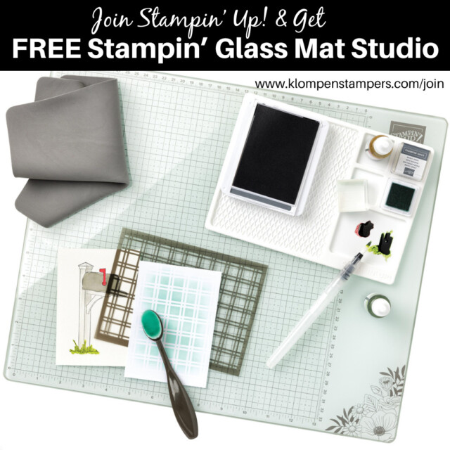 The Stampin' Glass Mat Studio lying on a table with many other Stampin' Up! products to showcase the multiple uses of the glass mat.