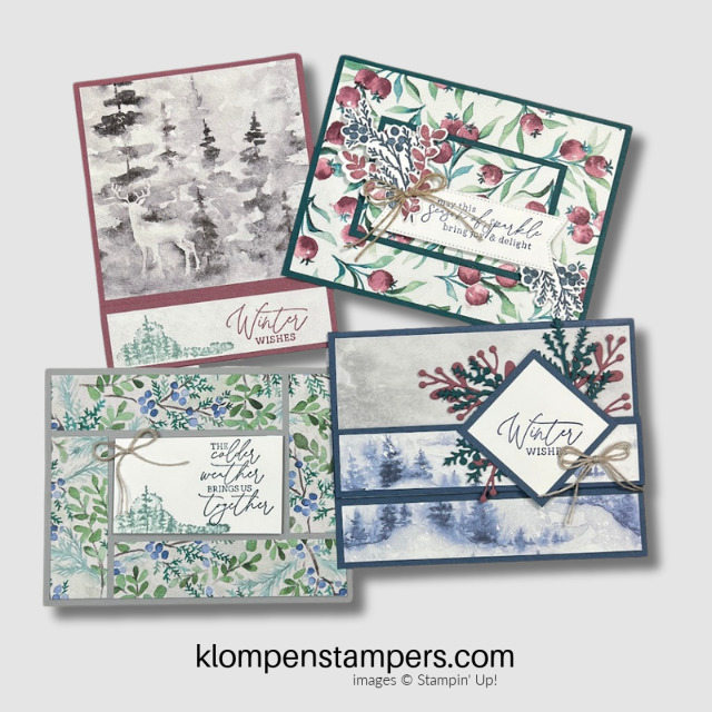 Four DIY winter card making ideas featuring Stampin' Up! DSP Winter Meadow.