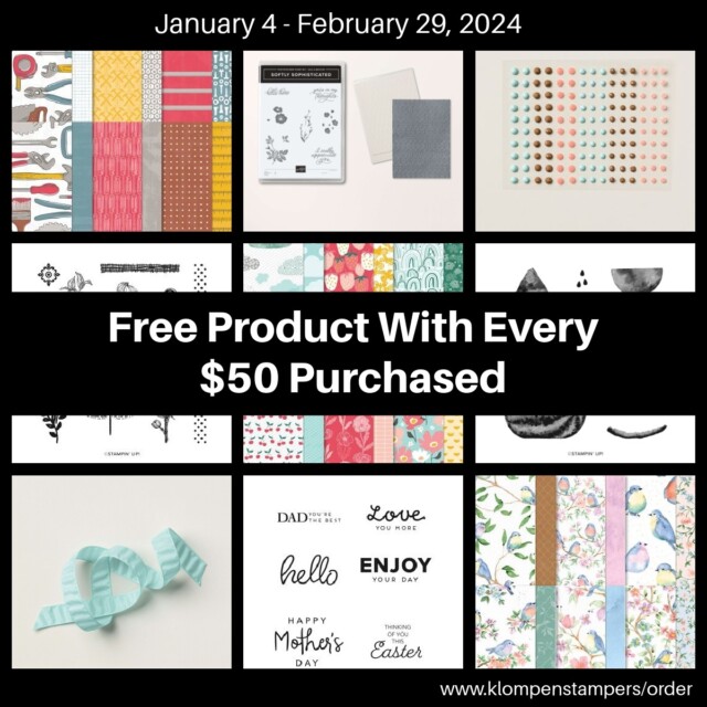 Graphic for the 2024 Stampin' Up! sale-a-bration promotion that shows some of the free products available with a $50 purchase.