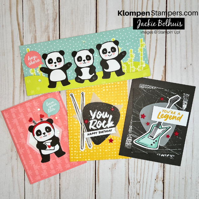 Pictures of the cards made from the two Stampin' Up! hassle-free card making kits Panda Friends and Rock Legend.