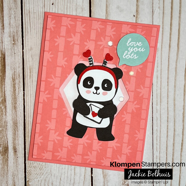 One of the handmade cards from the Stampin' Up! card kit Panda Friends. This card would make perfect easy handmade valentine's day cards because it's designed with a panda wearing a headband with hearts and holding a letter, with a bubble thought of "love you lots."