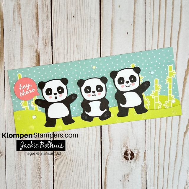 One of the handmade cards from the Stampin' Up! card kit Panda Friends. This is an any occasion slimline card designed with three pandas with a bubble thought "hey, there."