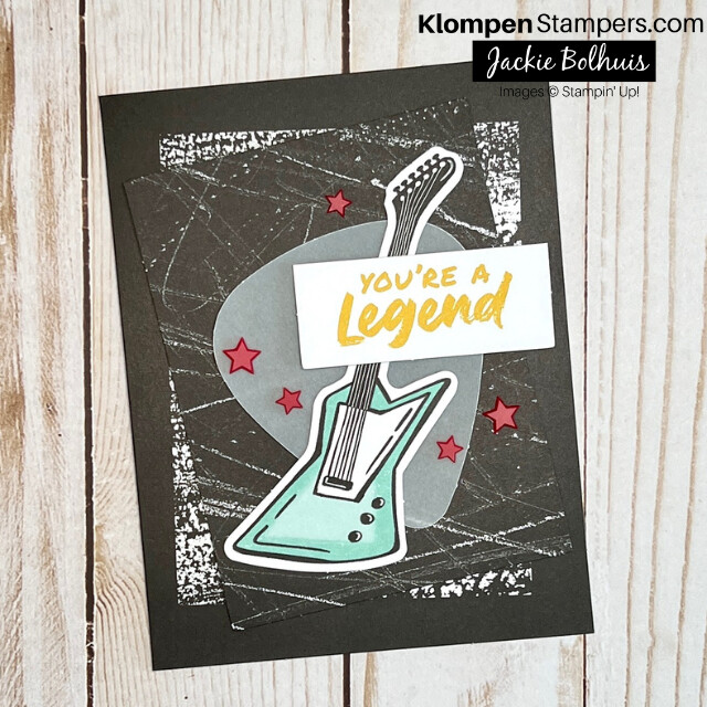 One of the handmade cards from Stampin' Up!'s hassle-free card making kits Rock Legend. Card is designed with a large guitar pick, rock guitar, and a "you're a legend" sentiment.