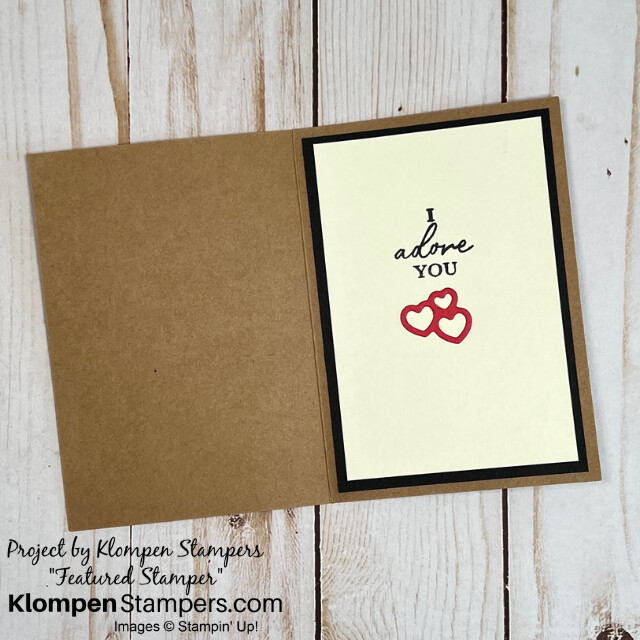 Inside of the handmade card designed with the Stampin' Up! stamp set Adoring Hearts. Sentiment reads I adore you and has a small heart cluster.