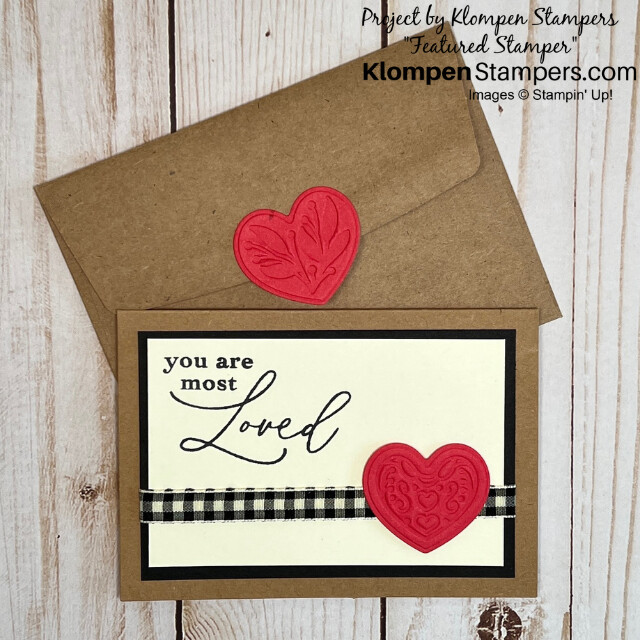 Front of a handmade card designed with the Stampin' Up! stamp set Adoring Hearts, lying on top of it's coordinating envelope.