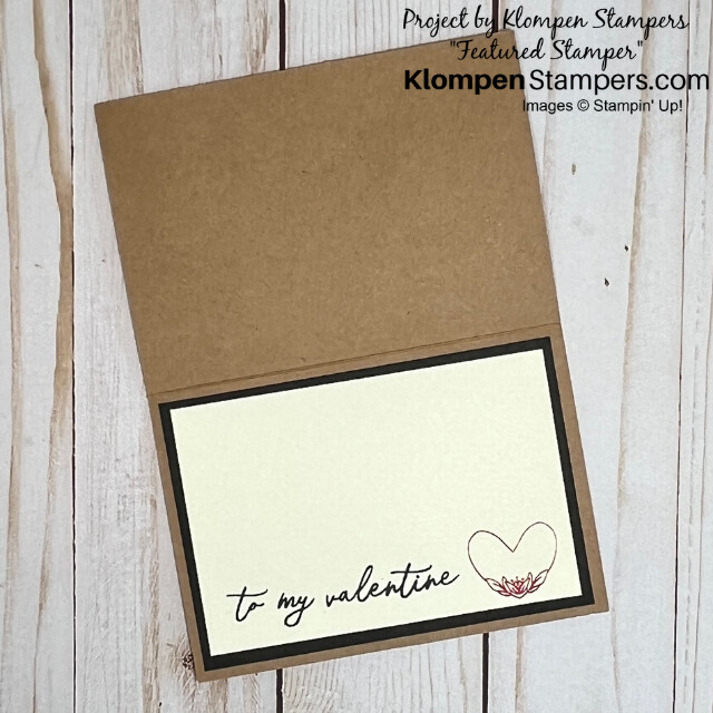 Inside of the handmade card designed with the Stampin' Up! stamp set Adoring Hearts. Sentiment reads to my valentine and has a small heart stamped.