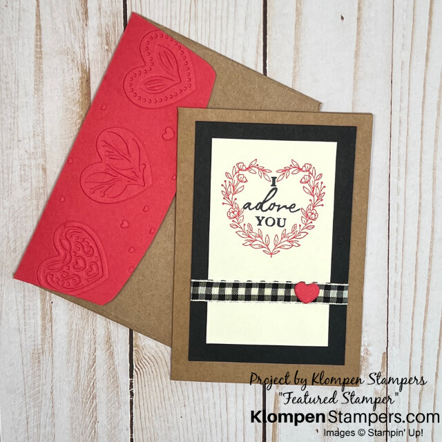 Front of a handmade card designed with the Stampin' Up! stamp set Adoring Hearts, lying on top of it's coordinating envelope.