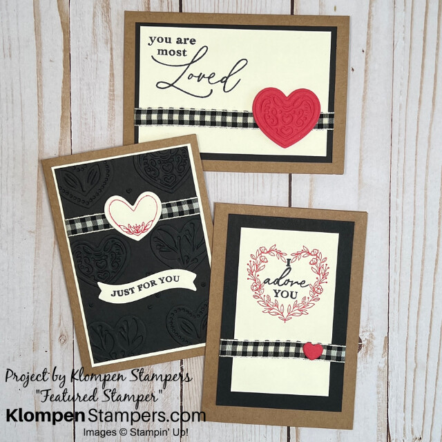 Three heartfelt handmade cards designed with the Stampin' Up! stamp set Adoring Hearts. Cards are black, brown, and white and each have a small heart detail.