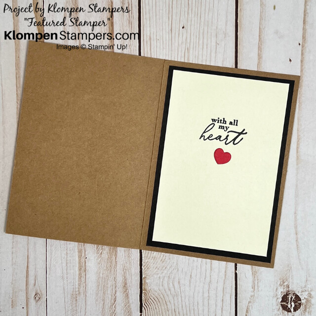 Inside of the handmade card designed with the Stampin' Up! stamp set Adoring Hearts. Sentiment reads with all my heart and has a small heart decal.