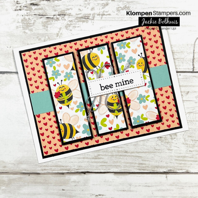 A handmade Valentine's Day card designed with the Stampin' Up! stamp set Bee My Valentine. The card is brightly designed with a happy bumble bees.