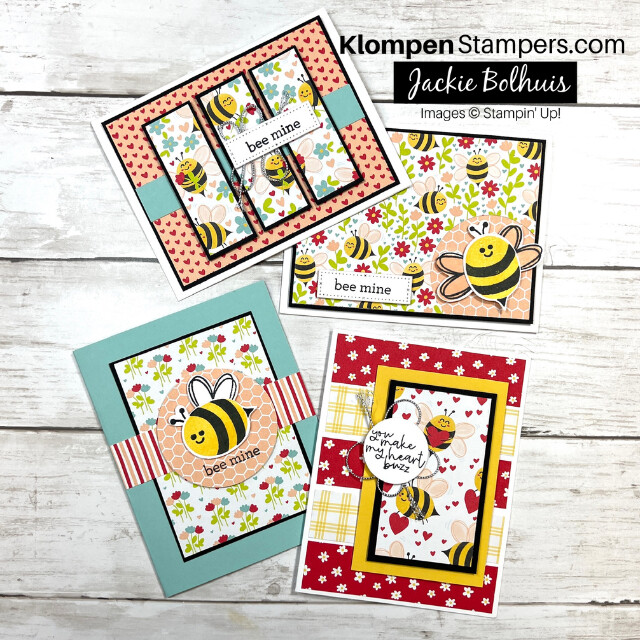 Four handmade Valentine's Day cards created with the Stampin' Up! stamp set Bee My Valentine. These four cards were designed by following the card making sketch from Volume 4 of Klompen Stampers Card Making Template Class Series.