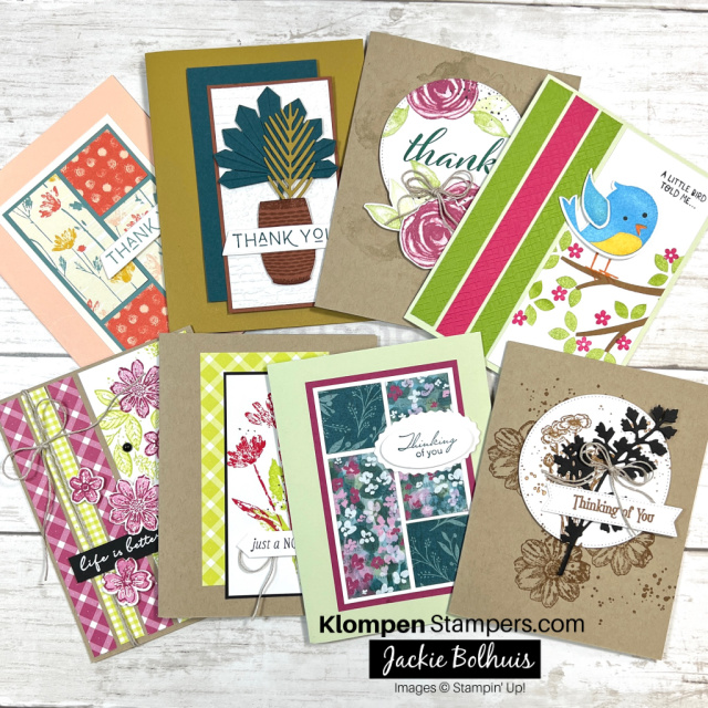 Eight handmade greeting cards that are all designed with different Stampin' Up! products. These cards were created by following card templates for all occasions.