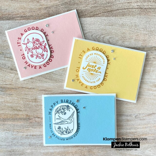Three handmade cards that are all the same easy note card layout. Cards are created the same using the Stampin' Up! Filled with Happiness stamp set, but each have a different background cardstock color: pink, yellow, and blue.