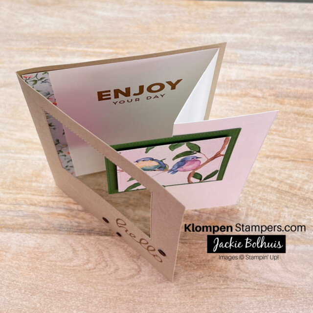 The opened fun fold card designed by following the measurements in Klompen Stampers fun fold card templates book. Card is designed with the Stampin' Up! Designer Series Paper Flight & Airy. Paper is a special product offered during JAN-FEB 2024 sale-a-bration. 
