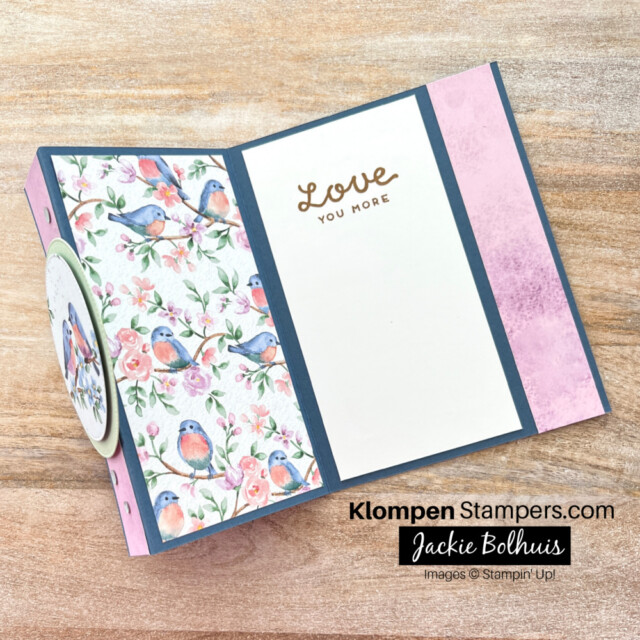 The opened fun fold card designed by following the measurements in Klompen Stampers fun fold card templates book. Card is designed with the Stampin' Up! Designer Series Paper Flight & Airy. Paper is a special product offered during JAN-FEB 2024 sale-a-bration. 