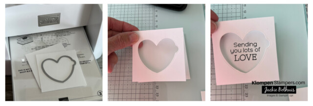 Three photos showing the steps to make interactive cards with the Stampin' Up! Hooray For Surprises Dies