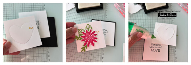 Three photos showing the steps to design interactive cards made with the Stampin' Up! Hooray For Surprises Dies.