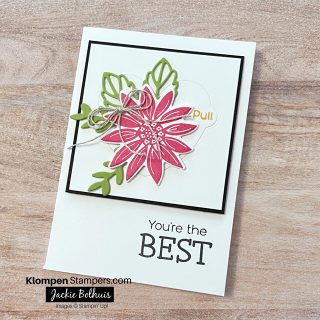 The front of an interactive card that has a pull tab made with the Stampin' Up! stamp set and dies Hooray For Surprises.