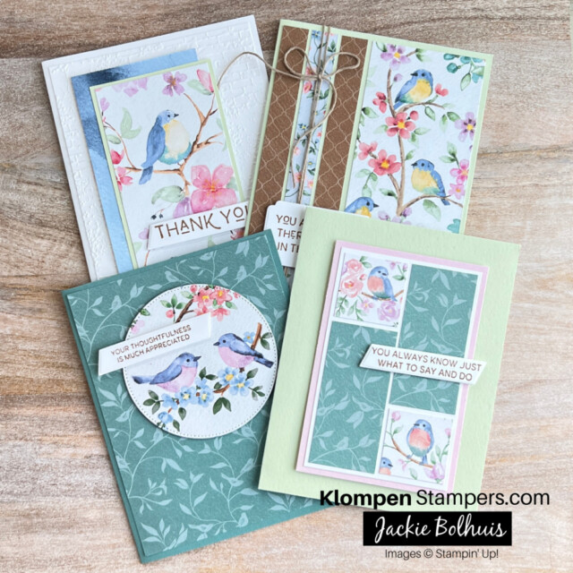 Four handmade greeting cards designed with Stampin' Up! Flight & Airy Designer Series Paper. These four different card layouts are a part of Klompen Stampers free card making templates class series.