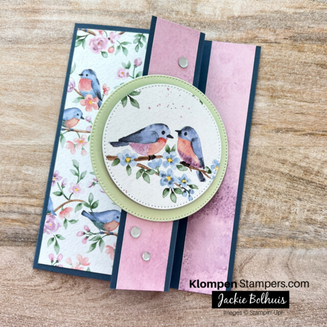 The front of a handmade fun fold card designed by following the measurements in Klompen Stampers fun fold card templates book. Card is designed with the Stampin' Up! Designer Series Paper Flight & Airy. Paper is a special product offered during JAN-FEB 2024 sale-a-bration. 