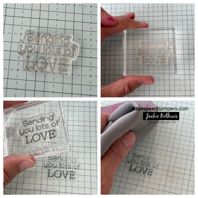 A series of photos showing how to line a greeting stamp with the gridlines on the Stampin' Glass Mat to get the stamp straight on your block.