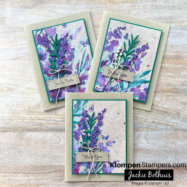 Three cards created with the same layout designed with Stampin' Up! the Painted Lavender stamp set and dies, the Perennial Postage stamp set and dies, and the Perrenial Lavender Designer Series Paper.