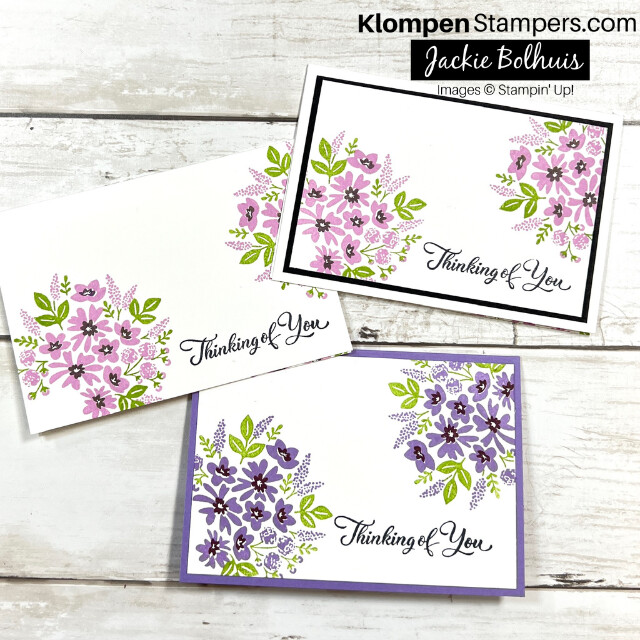Three handmade cards that show the progression of starting with a simple SIP (stamps, ink, and paper) card and how you can "step it up" with some extra paper layers. Cards are designed with Stampin' Up! Bottled Happiness and are basic stamping designs for starters.