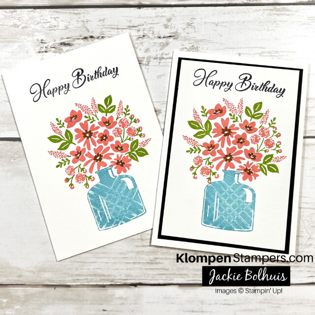 Two basic stamping designs for starters using the Stampin' up! stamp set Bottled Happiness. Card details show how to stamp the vase to get fun texture on it.