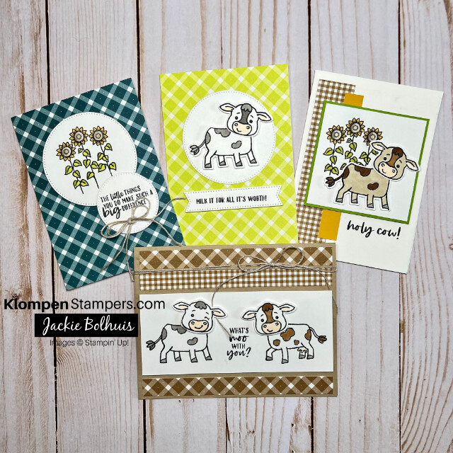 Four simple card layouts that were designed by following card templates. Card templates are created to help beginner card makers design quick and easy handmade cards. These four cards are designed with the Stampin' Up! stamp set Cutest Cows.
