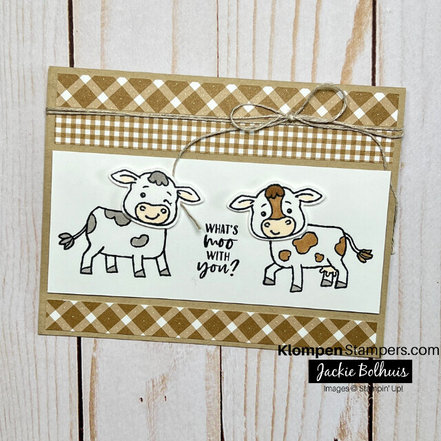 Handmade greeting card that is designed with brown patterned papers and two cows facing towards each other. Card is designed with the Stampin' Up! bundle Cutest Cows.
