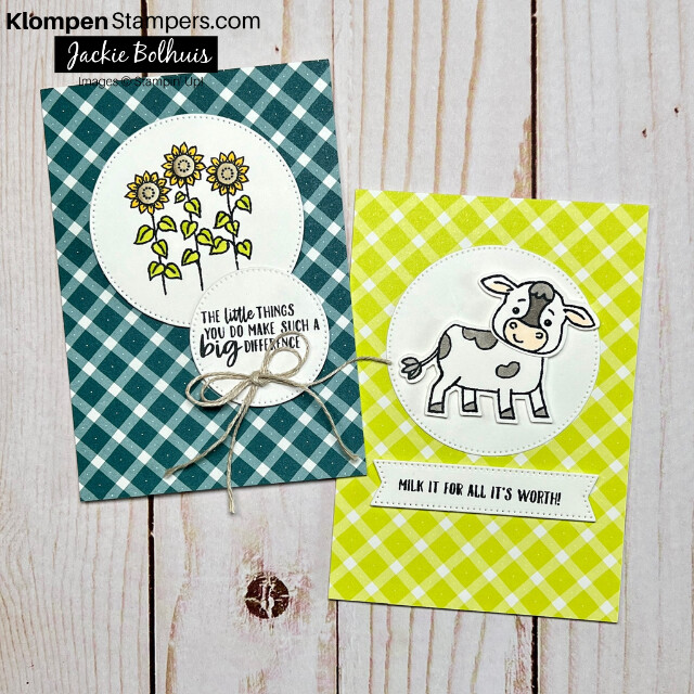 Two greeting cards that are designed the same with a pattered paper covering the whole card front with a large white circle on top. One card has three sunflowers stamped on the circle and the other card has a cow stamped on the circle. Cards are designed using the Stampin' Up! stamp set Cutest Cows.